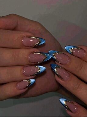 Metallic Blue & Gold Accent Press-On Nails for Women